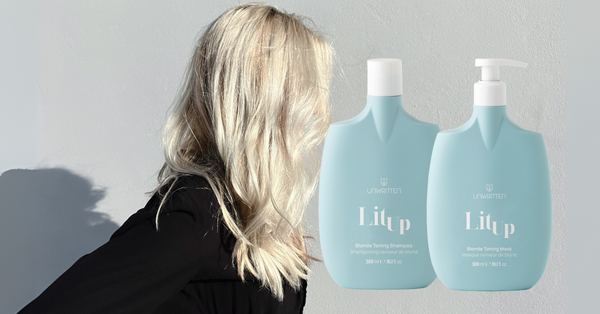Blonde woman with radiant hair next to Unwritten Hair Lit Up Blonde Toning Shampoo and Mask bottles, showcasing the benefits of red algae for blonde hair care.