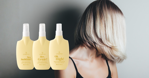 Unwritten styling products (So Sublime, Hey Genie, Oh High) beside a freshly cut blonde bob hairstyle.