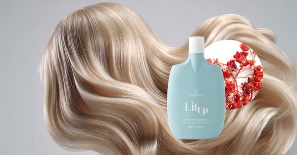 Unwritten Hair Lit Up Blonde Toning Shampoo with flame tree extract for vibrant, healthy blonde hair.