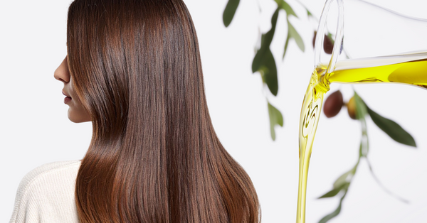 Woman with long smooth brown hair next to macadamia oil pour, highlighting the benefits of macadamia oil for strong, shiny strands.